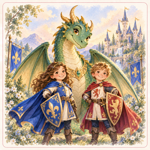 Chevaliers et Dragons : deux jeunes chevaliers avec leur dragon bienveillant.