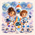 Explorateurs de l’Espace : deux enfants astronautes, un robot et leur fusée.