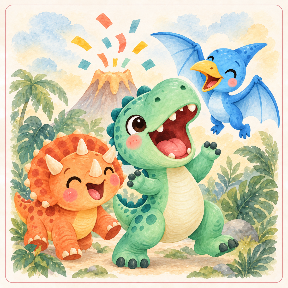Mino a perdu son ROAAAR ! : trois dinosaures joyeux devant un volcan à confettis.