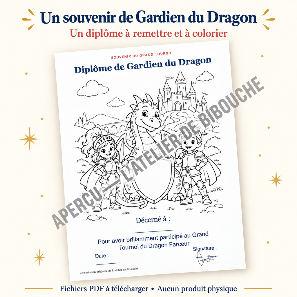 Aperçu avec filigrane — diplome du kit Chevaliers et Dragons, PDF à télécharger.