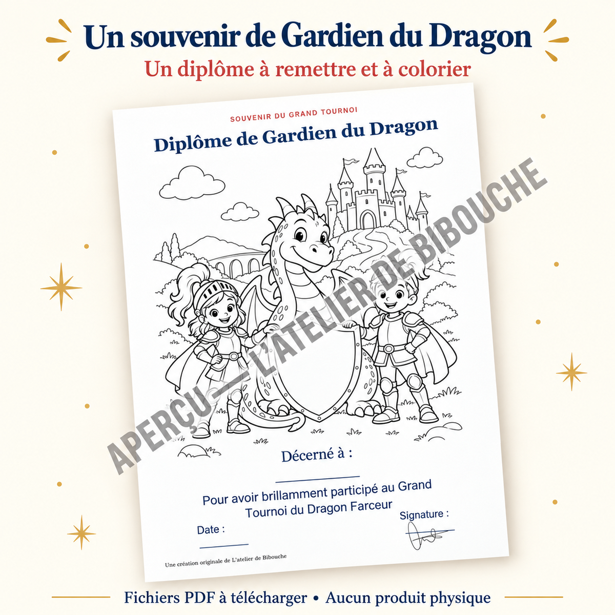Aperçu avec filigrane — diplome du kit Chevaliers et Dragons, PDF à télécharger.