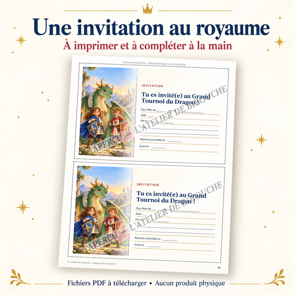 Aperçu avec filigrane — invitations du kit Chevaliers et Dragons, PDF à télécharger.