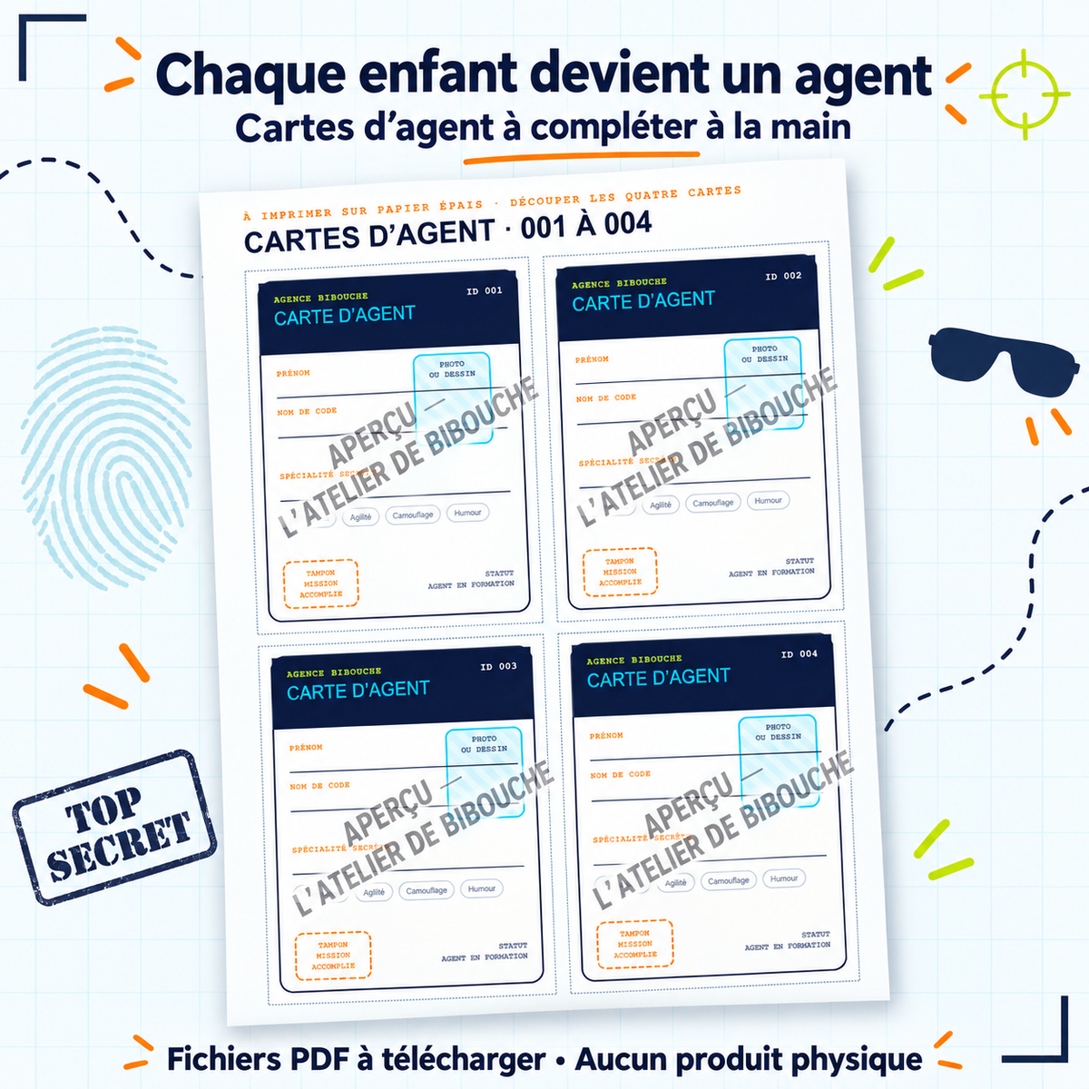 Aperçu avec filigrane — cartes du kit Espions en Mission Secrète, PDF à télécharger.