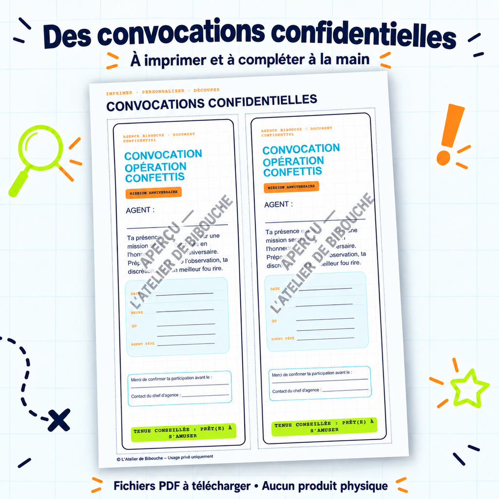 Aperçu avec filigrane — convocations confidentielles du kit Espions en Mission Secrète, PDF à télécharger.