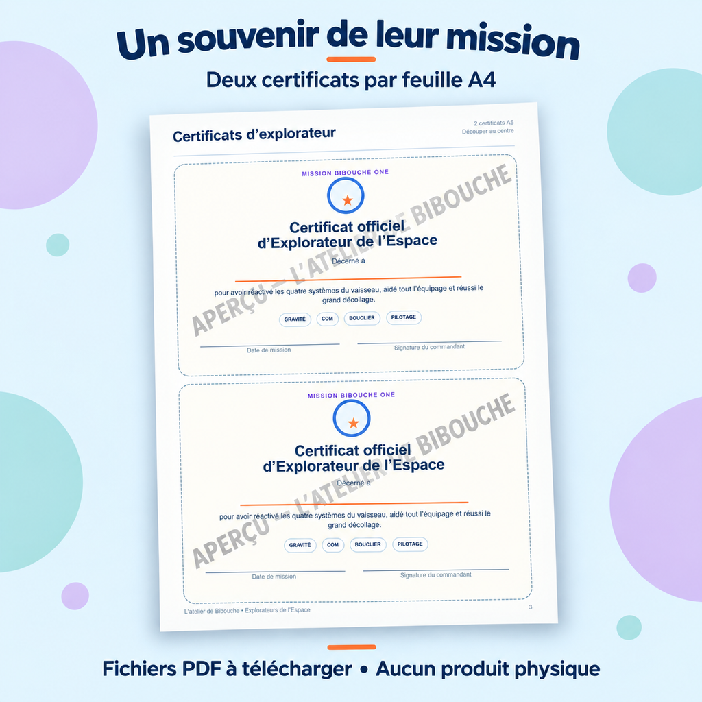 Aperçu avec filigrane — certificats du kit Explorateurs de l’Espace, PDF à télécharger.