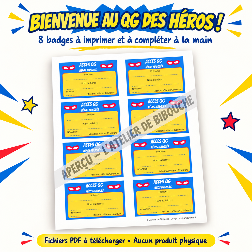 Aperçu des huit badges à imprimer et à compléter à la main — Héros masqués