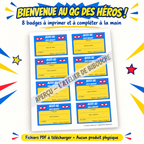 Aperçu des huit badges à imprimer et à compléter à la main — Héros masqués