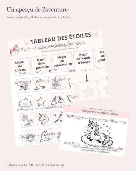 Extrait 1 du kit L’Académie des Licornes — Kit anniversaire à imprimer 3–5 ans