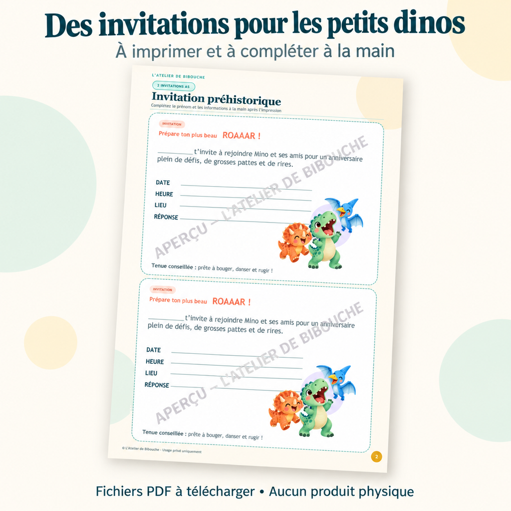 Aperçu avec filigrane — invitations du kit Mino a perdu son ROAAAR !, PDF à télécharger.